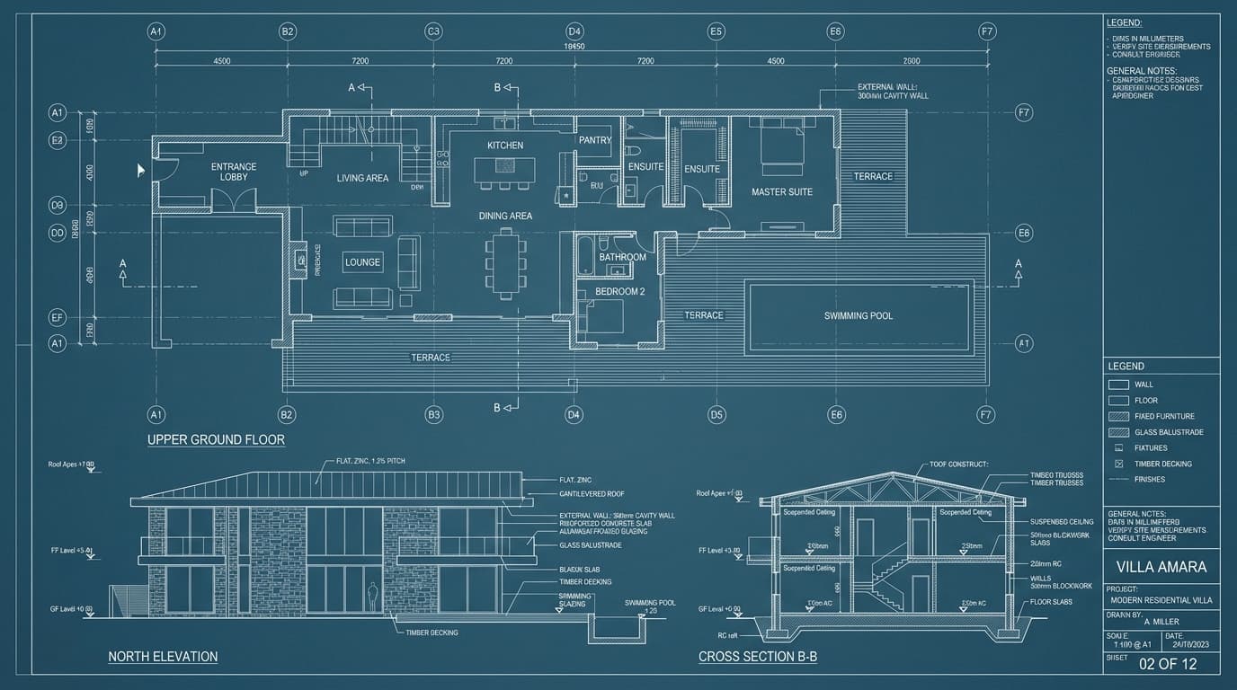 Detailed architectural blueprint drawings, elevations and structural drafting