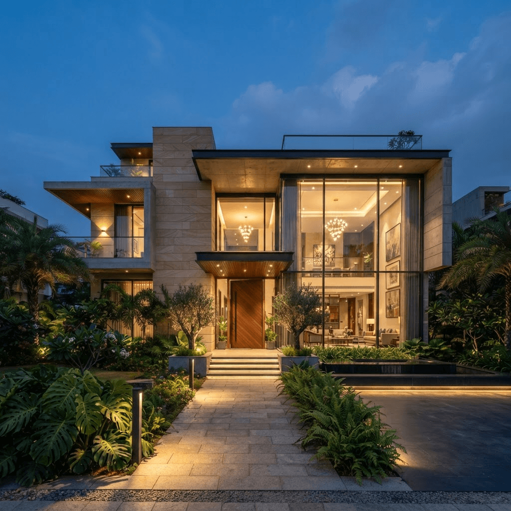A completed premium home in Hyderabad at dusk